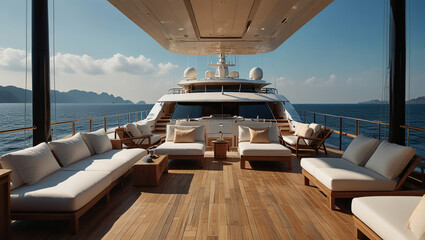 Fototapeta premium illustration The clean deck of a luxury yacht, lined with inviting lounge chairs under a clear sky