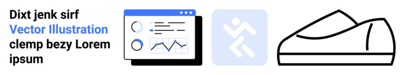 Fitness dashboard with charts, running man icon on blue background, minimalist sneaker outline, and placeholder text. Ideal for fitness apps, health monitoring, sportswear design, web design, user