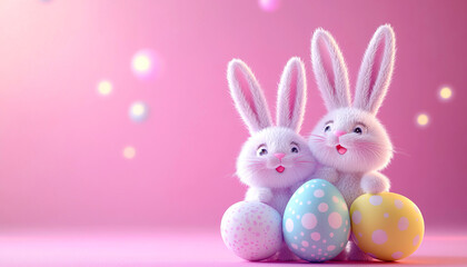Obraz premium Two Cute 3d Plush Bunnies Holding Egg Pink Background Colorful Eggs Copy Space Happy Easter Greeting Card 