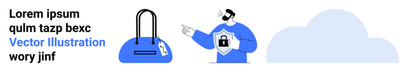 Man pointing to handbag with secure lock symbol, cloud icon in background. Ideal for data security, cloud storage, online privacy, travel safety, cybersecurity awareness, digital locks, personal data