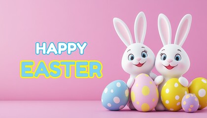 Fototapeta premium Two Cute 3d Plush Bunnies Holding Egg Pink Background Colorful Eggs Copy Space Happy Easter Greeting Card 