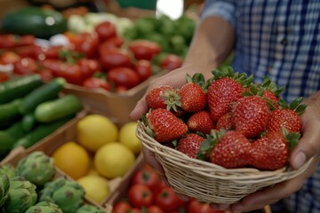 A close-up shot of the hands holding a baskets filled with strawberries