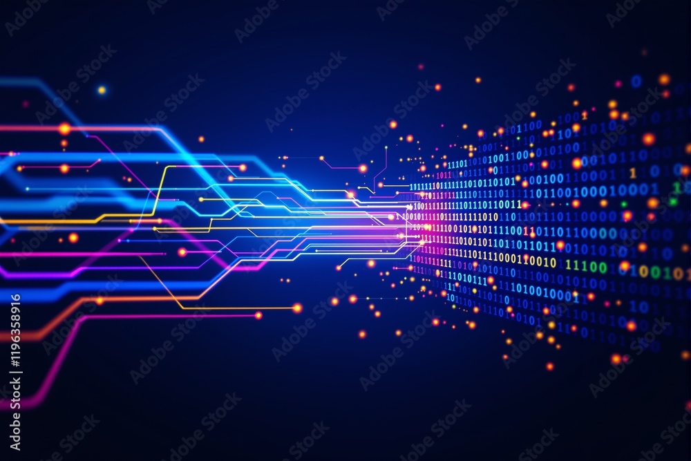 Aufkleber Abstract digital circuit lines and binary code on a glowing blue background concept.