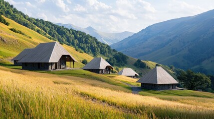 Obraz premium Mountain Houses in Golden Field