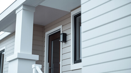 Fototapeta premium Modern House Exterior: Contemporary Home Design and Architecture. Real Estate Photography showcasing a beautiful home's facade, siding, and entrance.