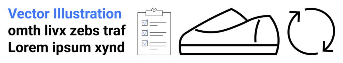 Black outline of a clipboard checklist, side view of a shoe, and circular arrows indicating rotation. Ideal for e-commerce, task management, product design, UXUI, workflow, fitness, landing page