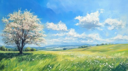 Naklejka premium 7.Spring Landscape with Sky Blue Background