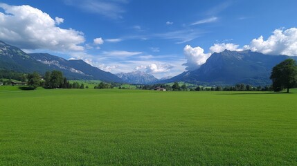 Fototapeta premium 12.Peaceful countryside panorama with verdant meadows, a gentle mountain backdrop, and a sky alive with the interplay of sunlight and drifting clouds.