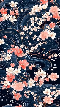 1. A traditional Japanese kimono pattern with delicate cherry blossoms and flowing waves