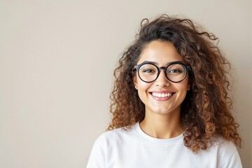 Obraz premium Portrait of a smiling woman with curly hair and glasses on a light beige background.