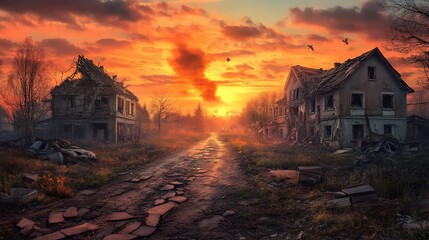 Apocalyptic Sunset over Ruined Village