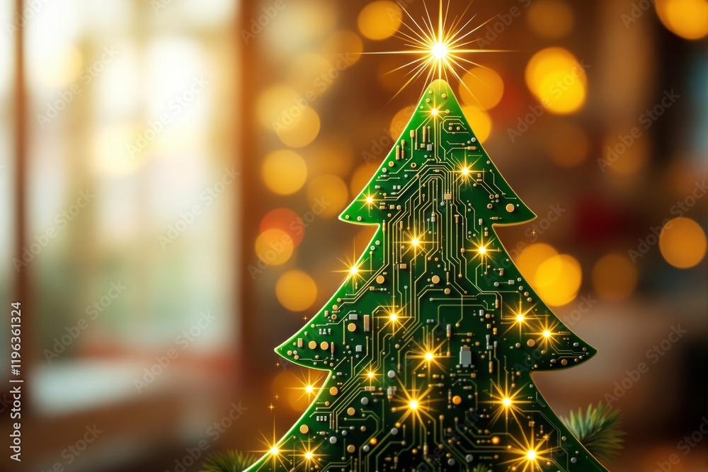 Poster abstract glowing circuit board christmas tree with golden lights.