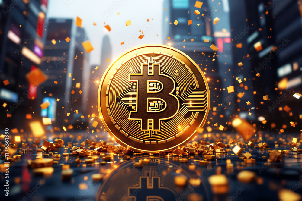 Poster bitcoin coin surrounded by glowing particles in futuristic city background.