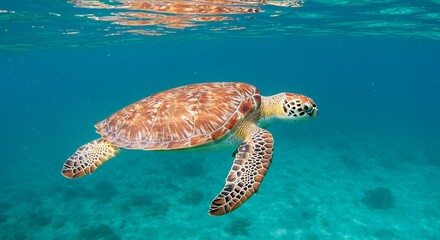 Fototapeta premium Stunning Sea Turtle Underwater Ocean Wildlife Photography Nature Image reef blue coral shell green brown 