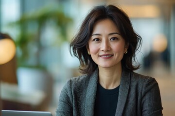 Fototapeta premium Portrait of happy Asian businesswoman with laptop looking at camera. Generative AI