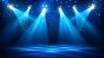 40.An opulent stage design with golden spotlight streaks fanning out across a rich dark blue background, scattered with delicate glitter textures for a glamorous effect.