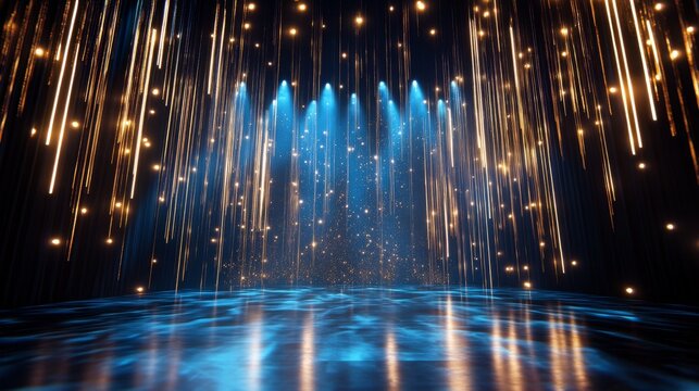 41.A sophisticated 3D backdrop showcasing deep blue tones and radiant golden spotlight lines, enhanced by shimmering glitter that evokes a sense of celebration and luxury.