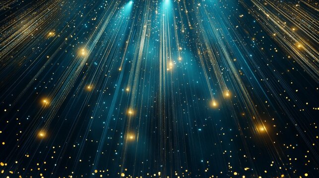 41.A sophisticated 3D backdrop showcasing deep blue tones and radiant golden spotlight lines, enhanced by shimmering glitter that evokes a sense of celebration and luxury.