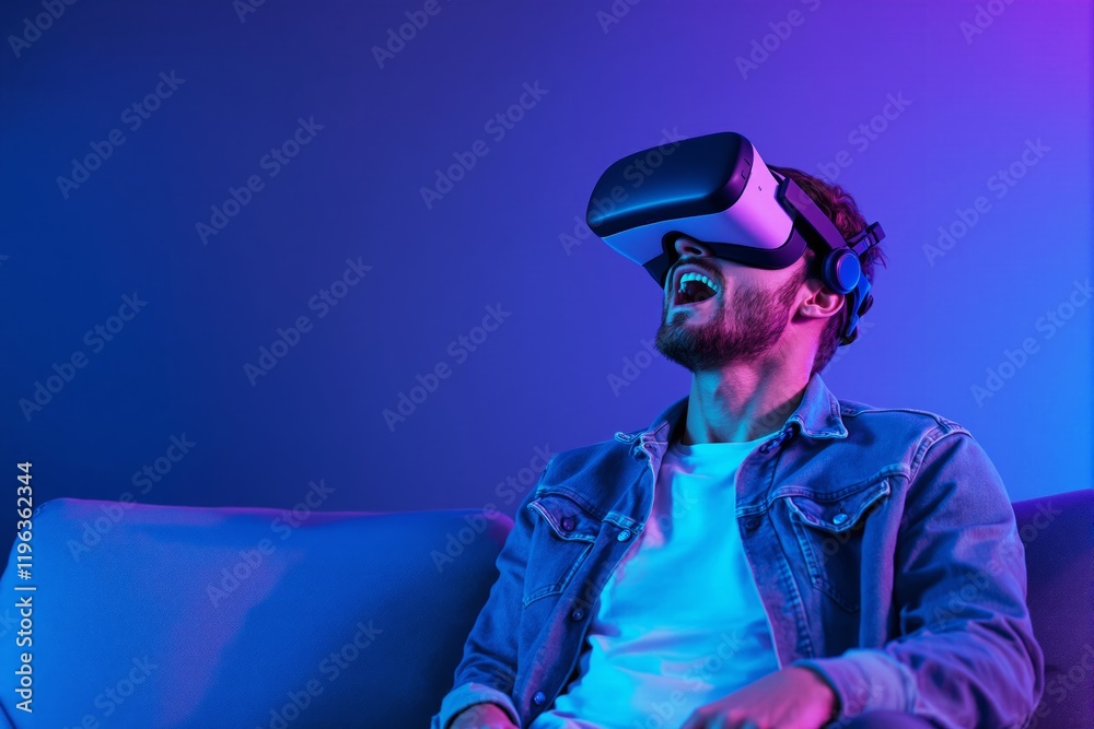 Poster man enjoying virtual reality headset experience in vibrant lighting background.