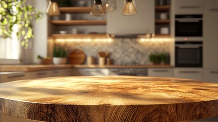 50.A warm kitchen interior featuring a polished wooden table with intricate grain patterns in the foreground, surrounded by soft ambient light and rustic decor accents.