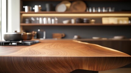54.A kitchen space with a focus on a beautifully grained wooden table in the foreground, exuding warmth and simplicity, with blurred shelves and cookware in the backdrop.