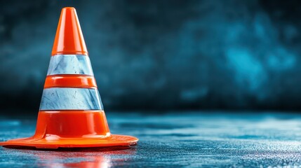 Vibrant orange traffic cone on wet asphalt, ensuring safety and visibility on rainy roads construction zones