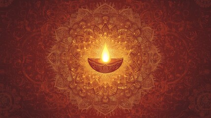 68.A festive Diwali banner design showcasing a glowing diya lamp as the focal point, surrounded by intricate mandala patterns and a warm golden glow on a rich red background.