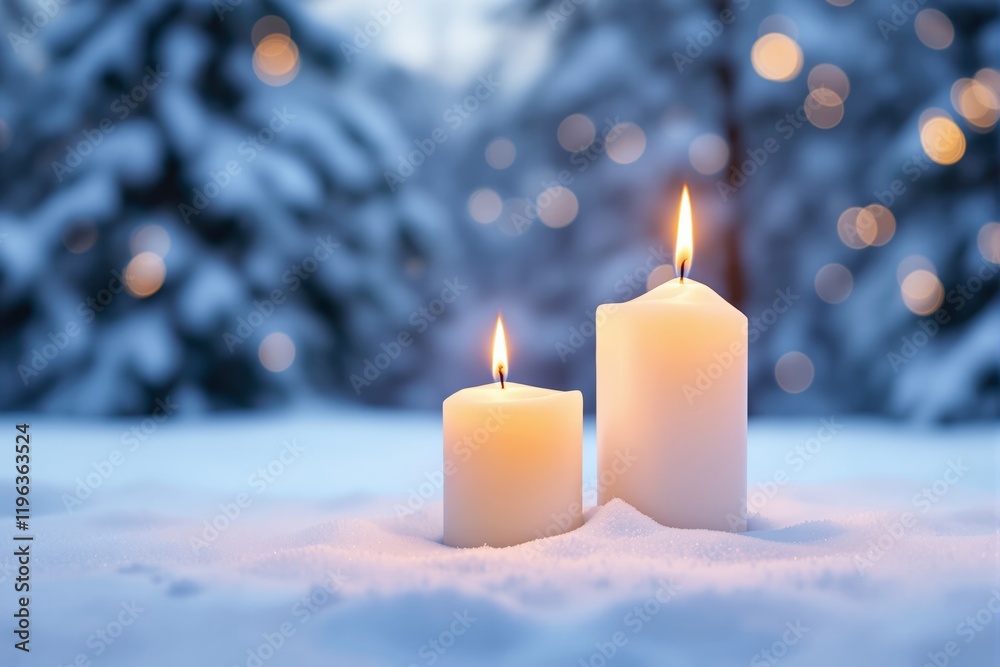 Poster two glowing candles on snow with blurred winter background and bokeh lights.