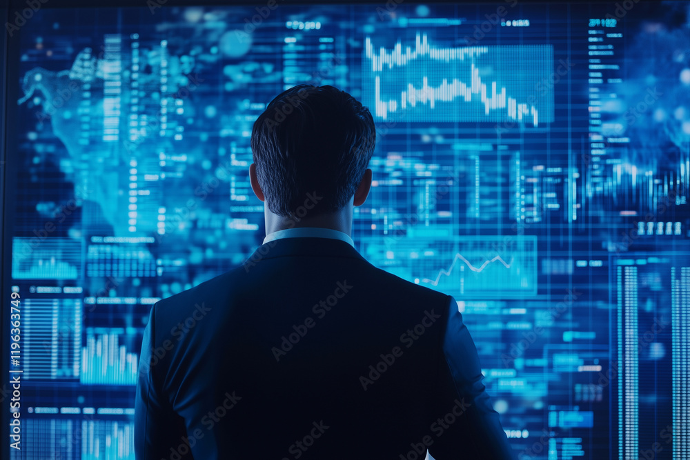 Aufkleber man in a suit is looking at a computer screen with a lot of numbers and graphs. concept of focus and