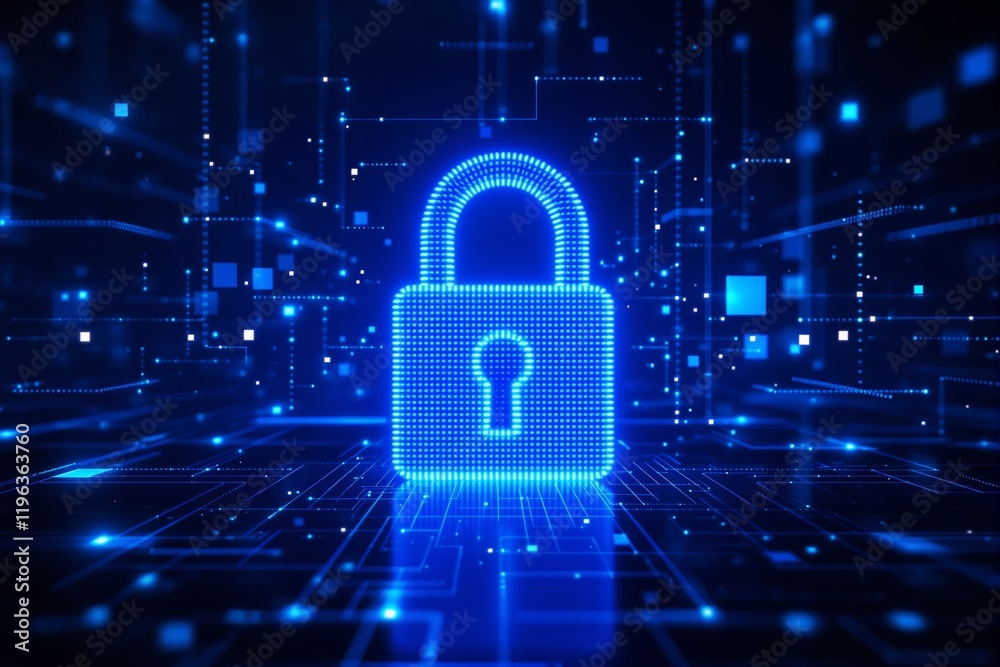 Poster blue digital padlock with glowing pixels on a futuristic tech background, symbolizing cybersecurity,