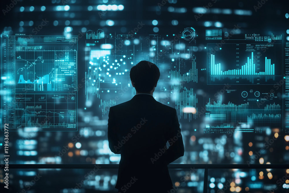 Aufkleber man is looking at a computer screen with a lot of numbers and graphs. concept of focus and concentra