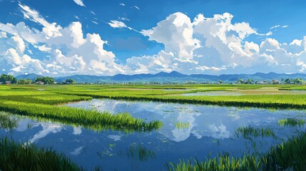89.A tranquil scene of a vibrant rice paddy field, its rich green rows reflecting the sunlight, with a backdrop of a cloud-streaked azure sky and distant mountains.