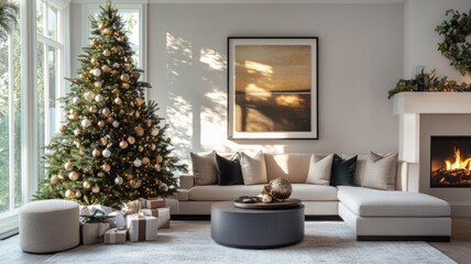 Cozy Christmas Living Room with Decorated Tree and Fireplace
