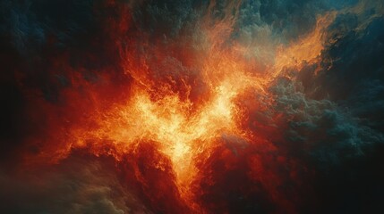 Fototapeta premium 93.A dynamic blaze of red and orange flames interwoven with billowing smoke, the glowing core illuminating the dark background with a fierce, fiery intensity.