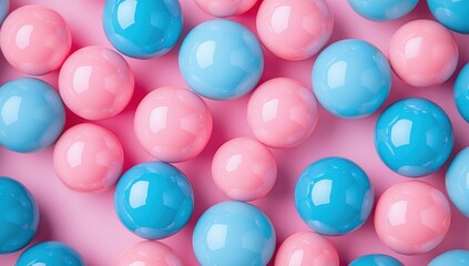 Colorful arrangement of glossy spherical ornaments in pink and blue tones on a soft pastel background, ideal for festive decorations and design projects.
