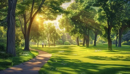 Obraz premium A picturesque park path winds through a lush green forest, sunlight filtering through the canopy.