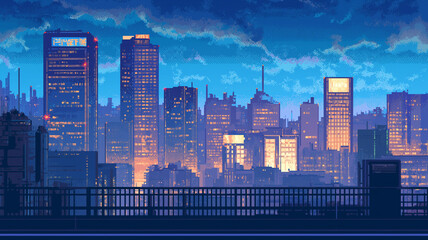 Fototapeta premium ネオンと夕暮れのコントラスト｜ピクセルアートで描かれた未来都市の風景