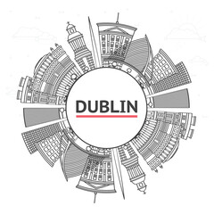 Fototapeta premium Outline Dublin Ireland City Skyline with Historic Buildings and copy space Isolated on White. Dublin Cityscape with Landmarks.