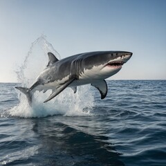 Fototapeta premium A great white shark breaching the surface of the ocean, frozen mid-jump, on a white background.