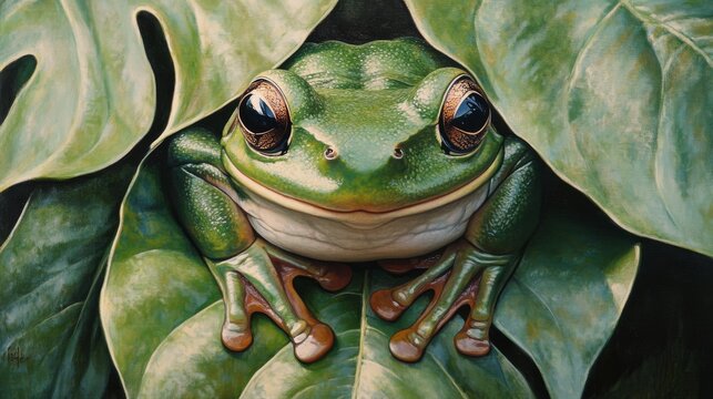 112.A dumpy frog sitting contentedly on a broad green leaf, its bulbous eyes reflecting the surroundings, surrounded by overlapping leaves and soft natural light.