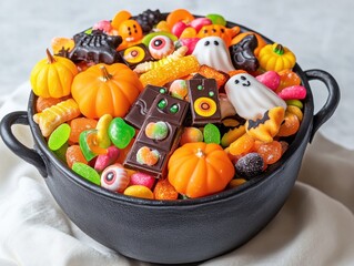 Naklejka premium Colorful assortment of Halloween candies including pumpkins, ghosts, and gummies in a cauldron, perfect for festive celebrations and autumn-themed decorations