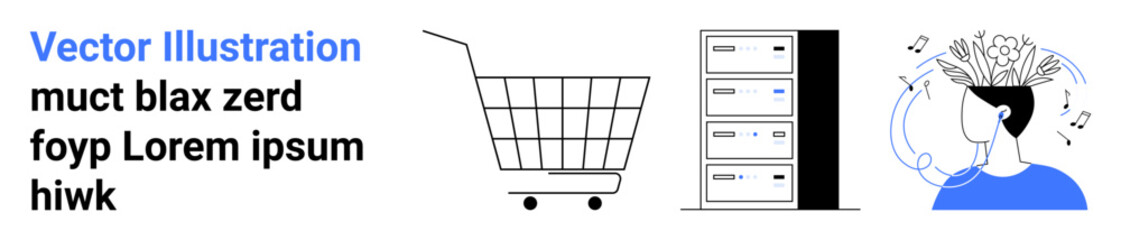 Shopping cart on wheels, server rack with multiple levels, and a person listening to music. Ideal for e-commerce, digital infrastructure, cloud storage, music streaming, and web services. Banner