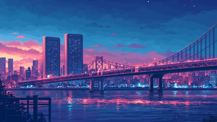 Fototapeta premium 未来都市の夕景｜ピクセルアートで描かれた夜のシティスケープ
