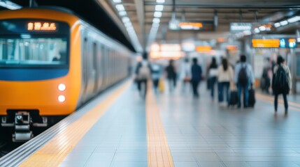 A busy train station scene featuring a blurred orange train and passengers navigating the platform.