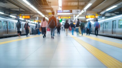 A busy subway station with passengers walking along the platform, illuminated by overhead lights and featuring train signage.