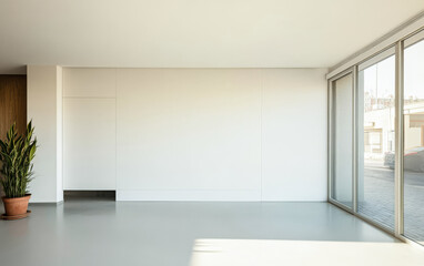 Fototapeta premium Modern interior with large windows and minimalistic design in a bright space