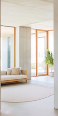 Fototapeta premium Modern minimalist interior design featuring natural light and greenery in a spacious living area