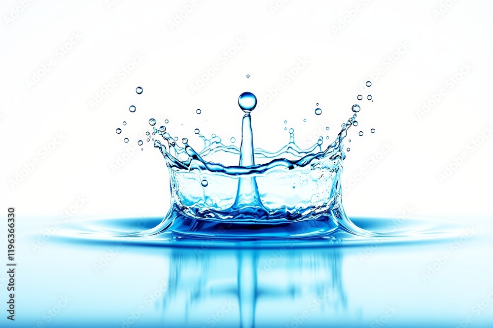 Poster close-up of a vibrant water splash forming a crown shape on a polished surface with a white backgrou