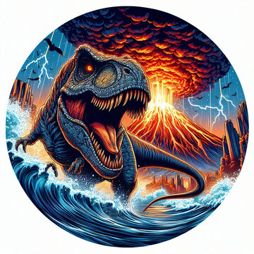 art of T-Rex roaring in front of a volcano eruption, digital comics style, highly detailed, masterpiece, no word or alphabet. Dynosaur tshirt design. Dinosaurus tshirt design with comic style