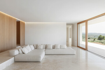 Modern minimalist living room design with spacious view and natural light in daytime